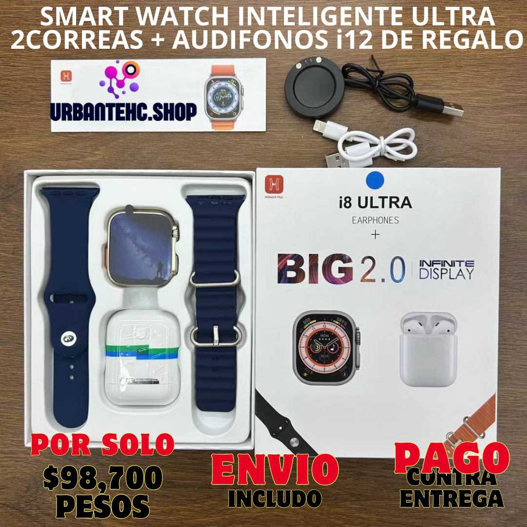 ⌚SMART WATCH INTELIGENTE ULTRA 2CORREAS + AUDIFONOS i12 DE REGALO🎁