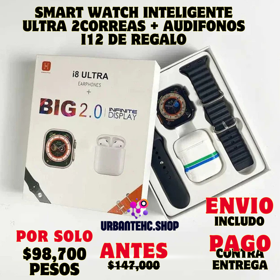 ⌚SMART WATCH INTELIGENTE ULTRA 2CORREAS + AUDIFONOS i12 DE REGALO🎁